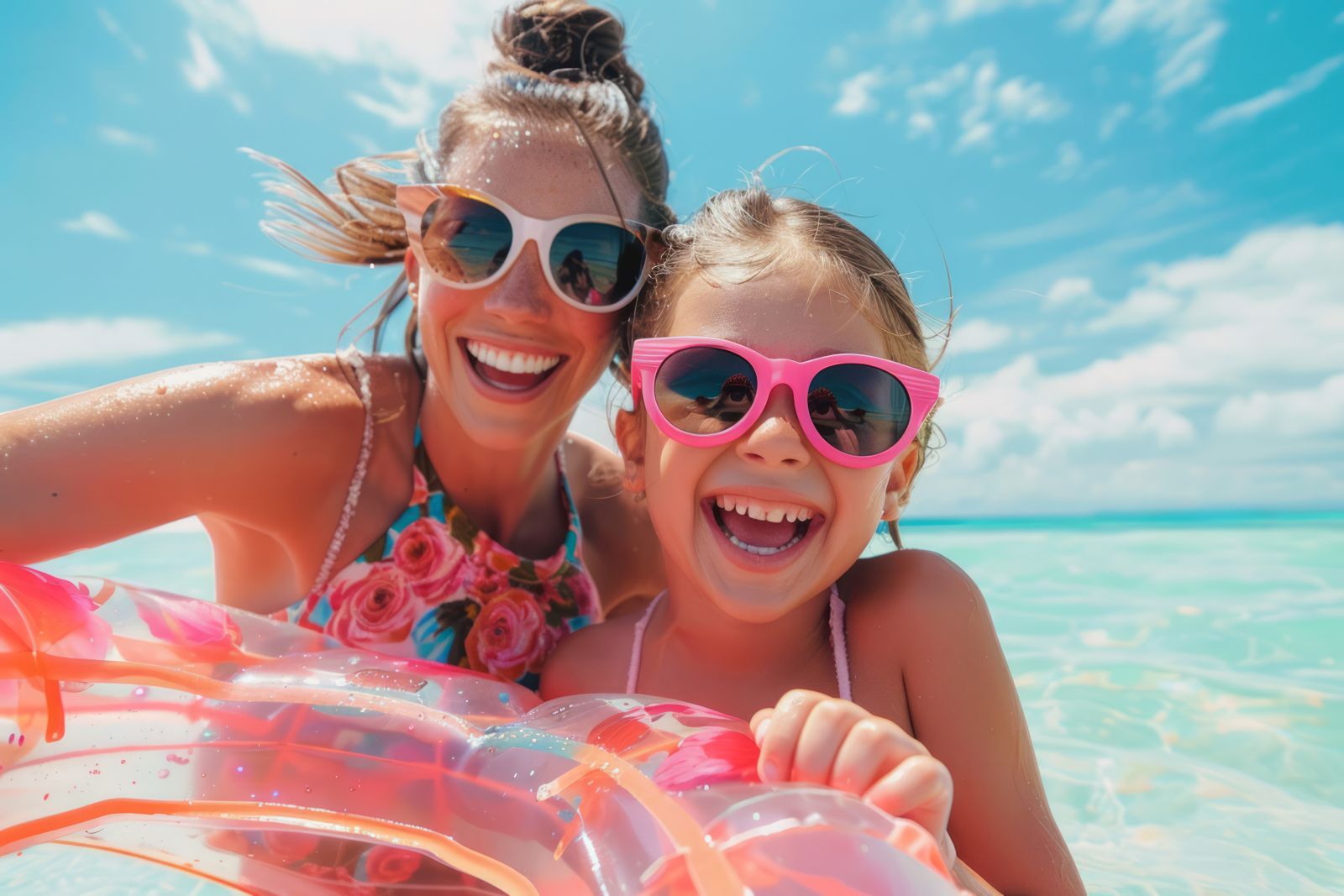  Downloaded Mother and daughter in sunglasses with inflatable ring at beac